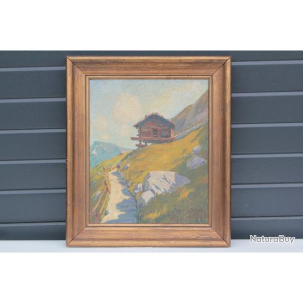 Tableau peinture � l'huile Robert �douard CHAPALLAZ Chalet Montagne