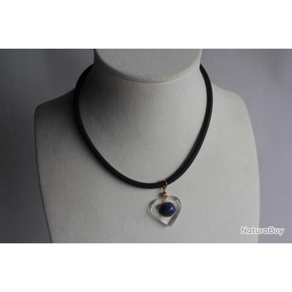 Collier pendentif coeur cristal de roche lapis lazuli