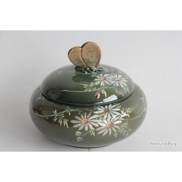 Bonbonni�re c�ramique �maill�e Fleurs Papillons Art Nouveau