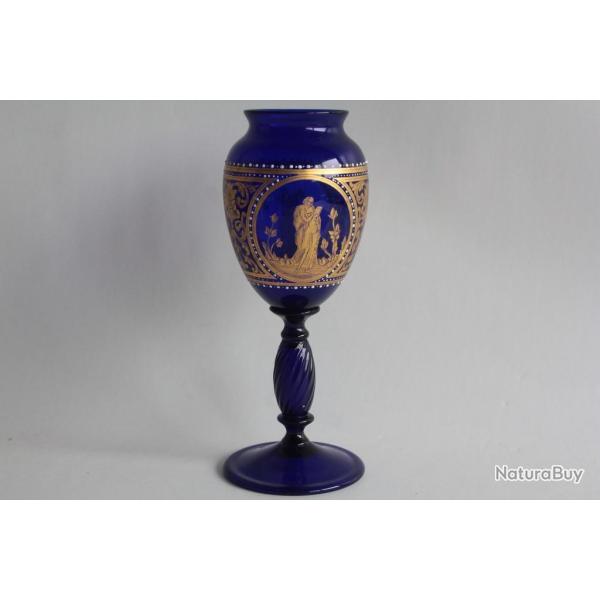 MURANO Vase verre �maill� bleu et or Salviati Venise