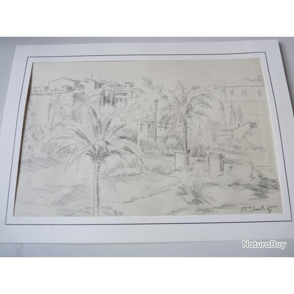 Dessin au crayon orientaliste F. Charlety