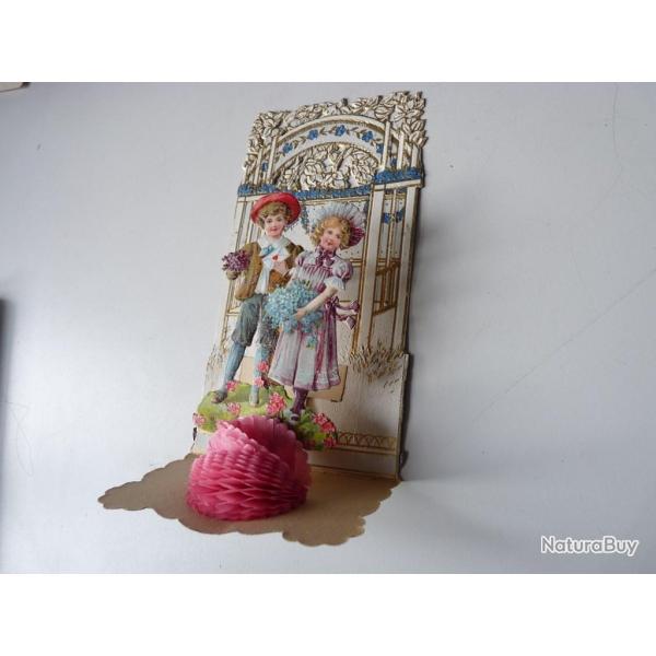 Image chromo a syst�me XIXe si�cle enfant amour diorama