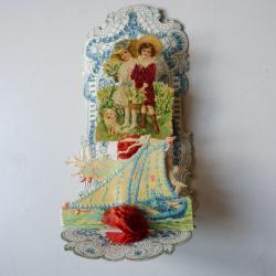 Image chromo a système XIXe siècle enfant amour diorama