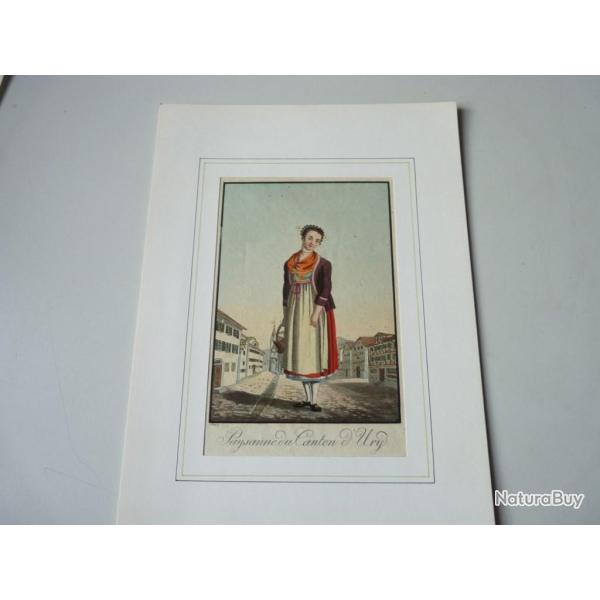Gravure rehausse Paysanne du canton d'Ury Suisse XVIIIe sicle