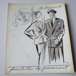 Dessin à l'encre mode 1950  vintage vêtements