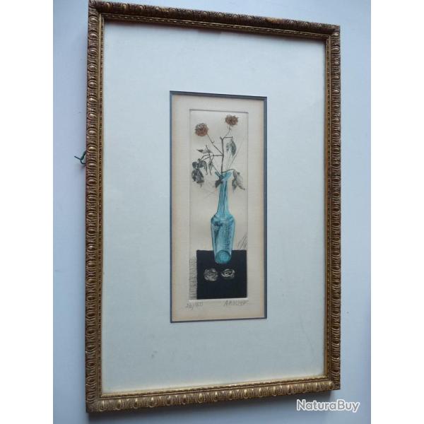 Gravure Marcelle AMSLER Vase et fleurs 26/150
