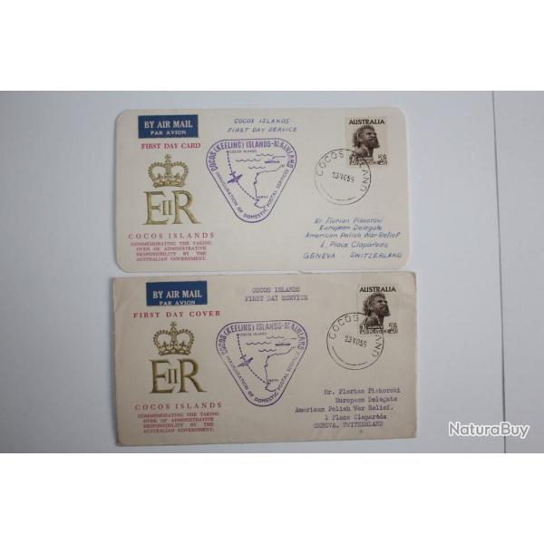 Enveloppe + CPA FDC Australian government Cocos Islands par avion 1955