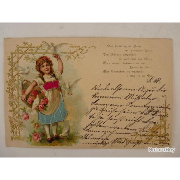 CPA fantaisie gaufr�e et soie enfants colombes