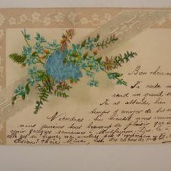 CPA fantaisie gaufrée et soie fleurs myosotis