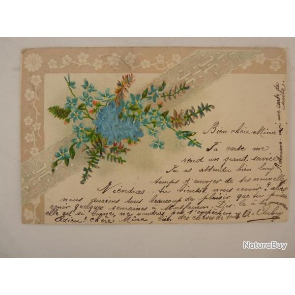 CPA fantaisie gaufr�e et soie fleurs myosotis