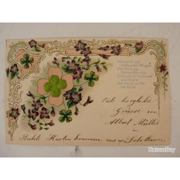 CPA fantaisie gaufr�e et soie fleurs tr�fle � quatre