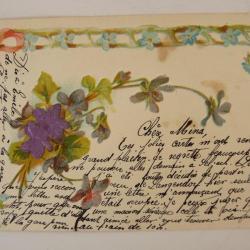 CPA fantaisie gaufrée et soie fleurs violettes avec myosotis
