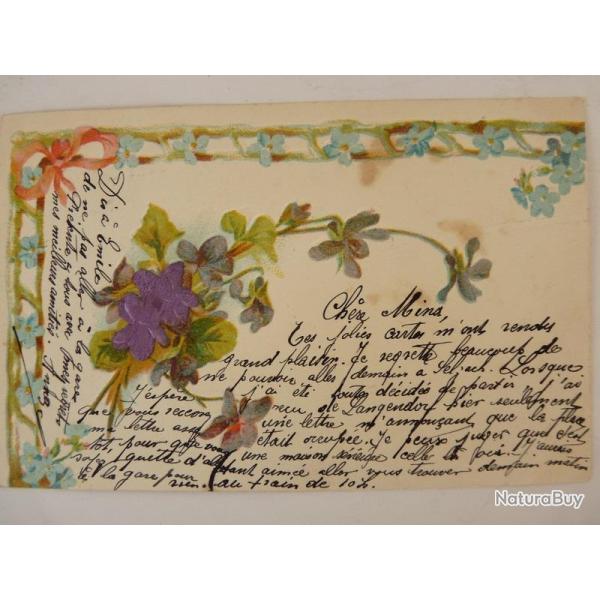 CPA fantaisie gaufr�e et soie fleurs violettes avec myosotis