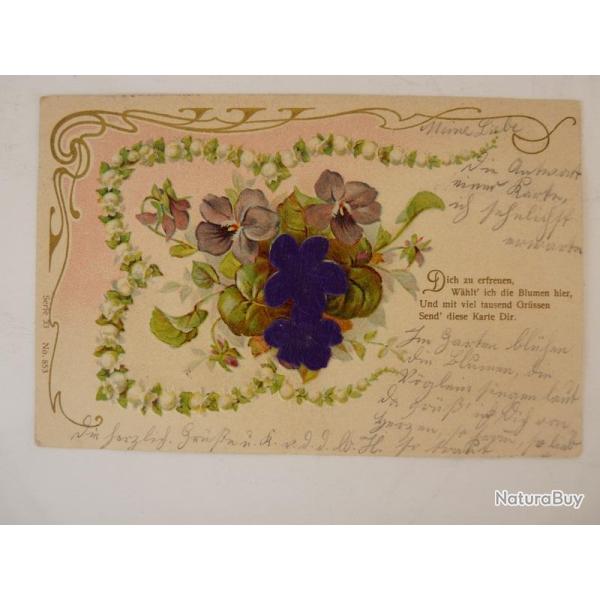 CPA fantaisie gaufr�e et soie fleurs violettes muguets