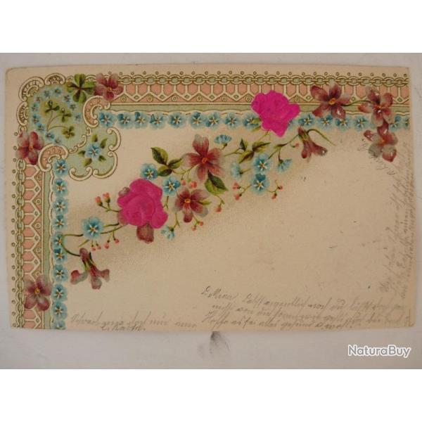 CPA fantaisie gaufr�e et soie fleurs roses myosotis