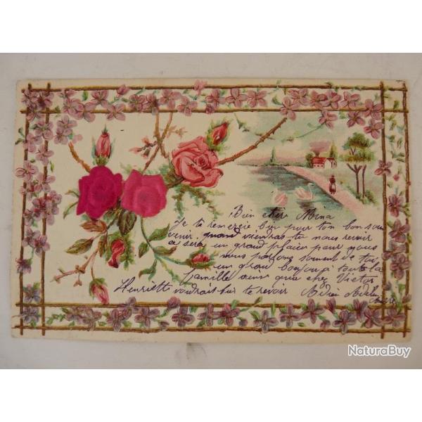 CPA fantaisie gaufr�e et soie fleurs roses