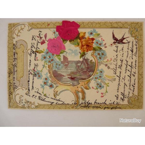 CPA fantaisie gaufr�e et soie fleurs roses