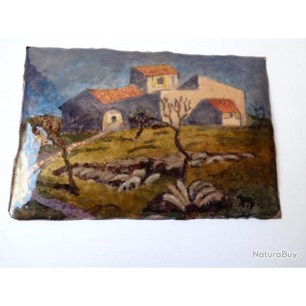 Peinture �maill� sur cuivre village provencal