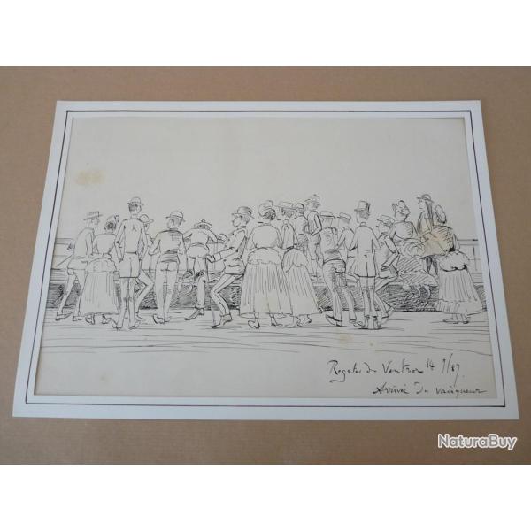 Dessin a la plume Arriv�e du vainqueur 1887