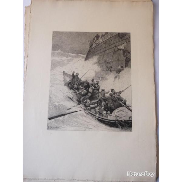 Gravure originale R. DAWANL Naufrage Bateau