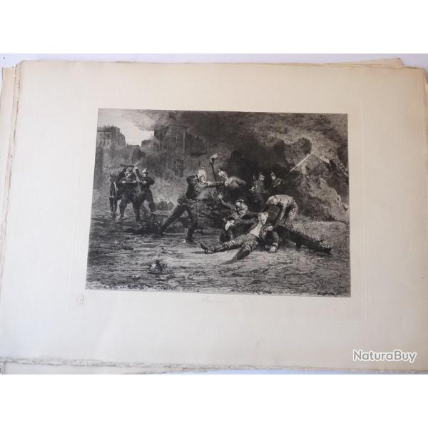 Gravure originale E. RENARD Pompiers incendie colonel Froidevaux 1888