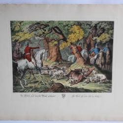 Gravure Rugendas Chasse à courre Cerf pris par la meute Cavalier