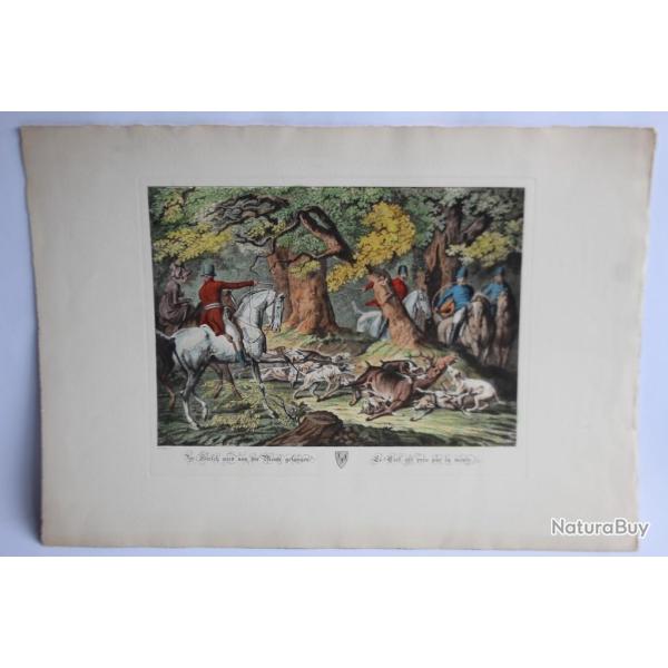 Gravure Rugendas Chasse  courre Cerf pris par la meute Cavalier