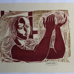 Gravure bicolore signée Femme et oiseau