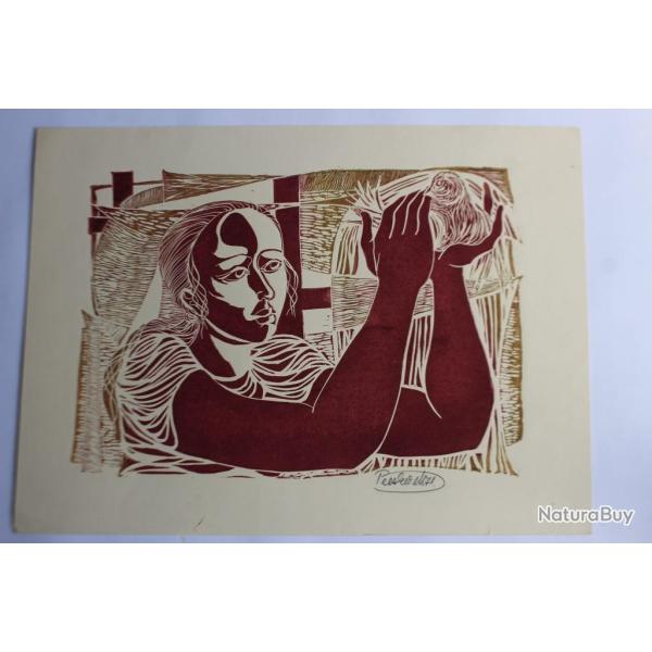 Gravure bicolore signe Femme et oiseau