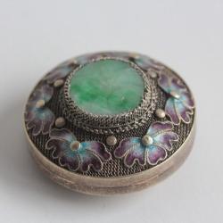 Ancienne Boite &agrave; pilules argent &eacute;maill&eacute; Jade Chine