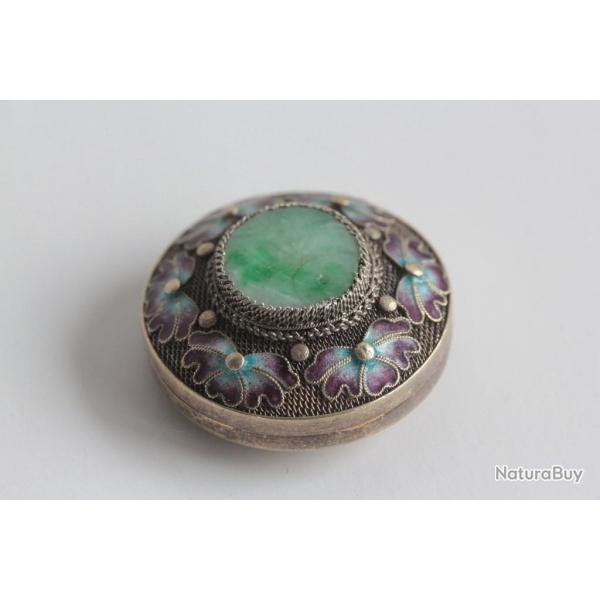 Ancienne Boite � pilules argent �maill� Jade Chine