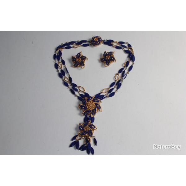 Parure Collier Clips d'oreilles bleu cobalt m�tal dor� 1980