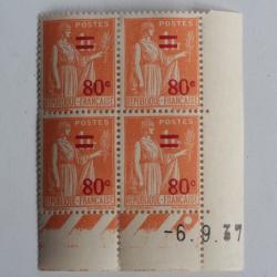 Timbre France semeuse surcharge 80c bloc x4 coin daté 1937