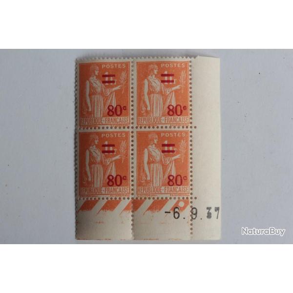 Timbre France semeuse surcharge 80c bloc x4 coin dat� 1937