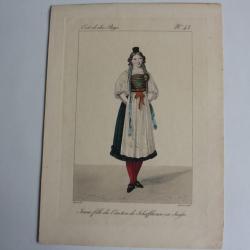 Gravure Jeune fille Canton Schaffhouse GATINE Suisse XIXe siècle