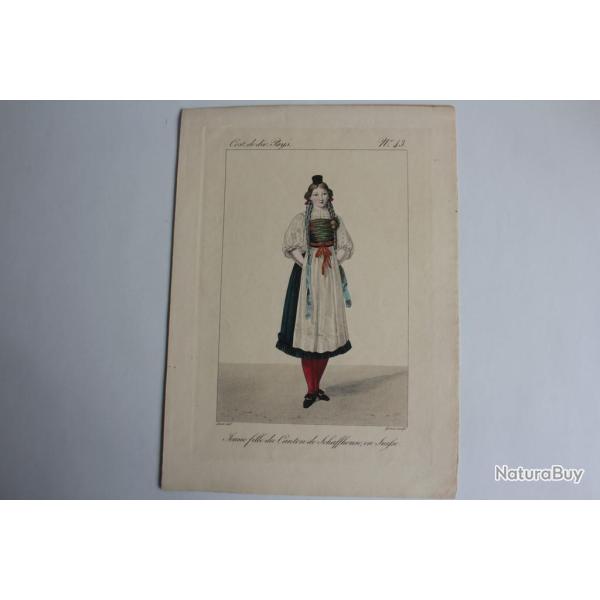 Gravure Jeune fille Canton Schaffhouse GATINE Suisse XIXe sicle