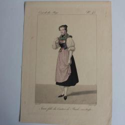 Gravure Jeune fille Canton Basle GATINE Suisse XIXe siècle