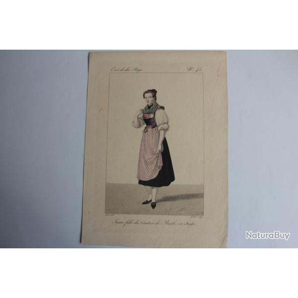 Gravure Jeune fille Canton Basle GATINE Suisse XIXe sicle