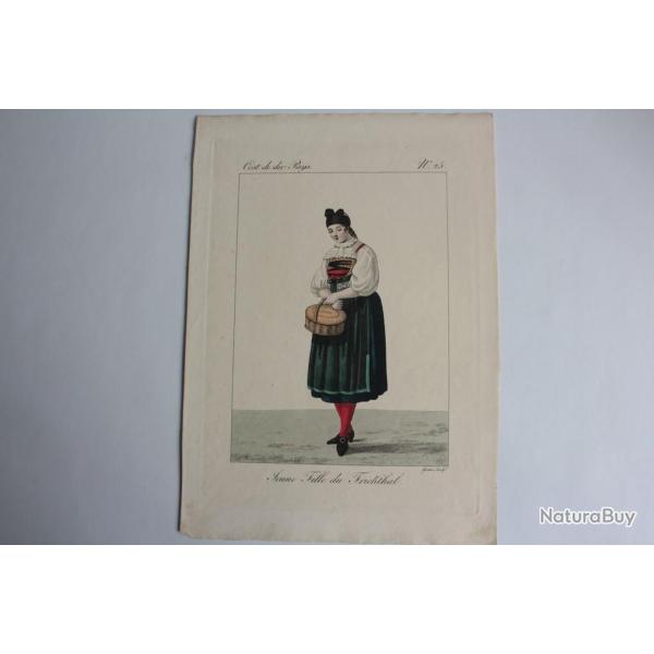 Gravure Jeune fille Frickthal GATINE Suisse XIXe sicle