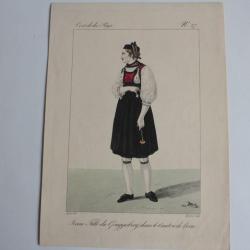 Gravure Jeune fille Gouggisberg Canton Berne GATINE Suisse XIXe siècle