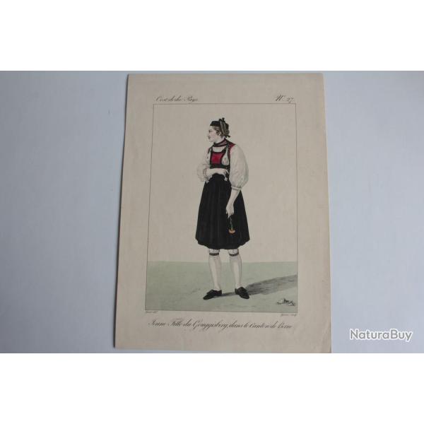 Gravure Jeune fille Gouggisberg Canton Berne GATINE Suisse XIXe sicle