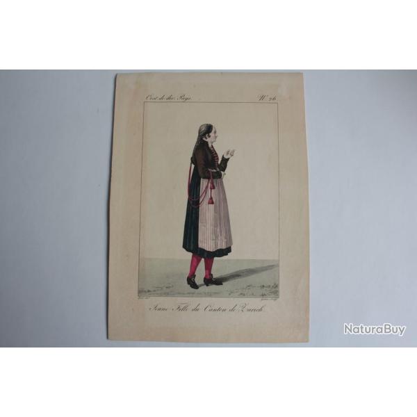 Gravure Jeune fille Canton Zrich GATINE Suisse XIXe sicle