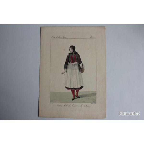 Gravure Jeune fille Canton Soleure GATINE Suisse XIXe sicle