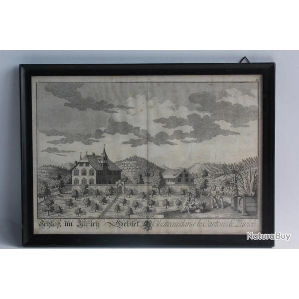 Gravure HERRLIBERGER Chteau Zurich Suisse XVIIIe sicle