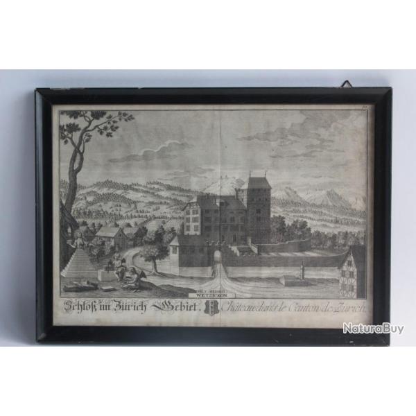 Gravure HERRLIBERGER Chteau Zurich Suisse XVIIIe sicle