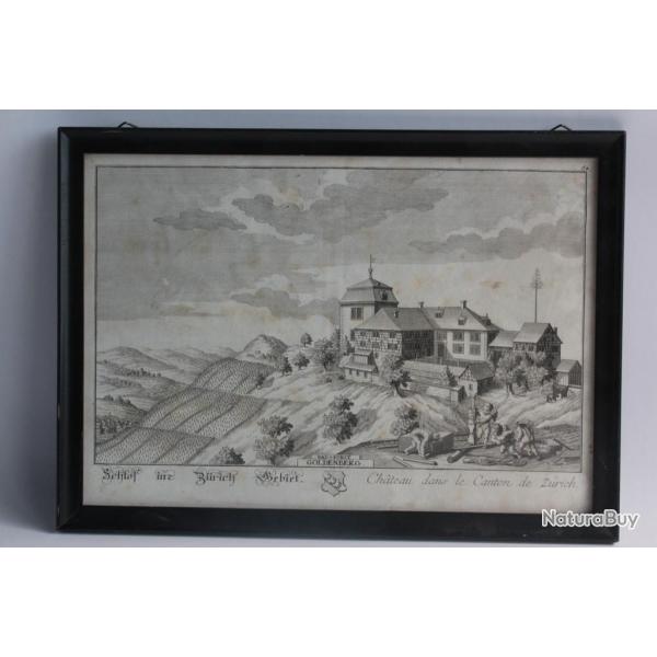 Gravure HERRLIBERGER Chteau Zurich Suisse XVIIIe sicle