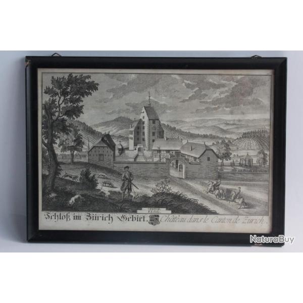 Gravure HERRLIBERGER Chteau Zurich Suisse XVIIIe sicle