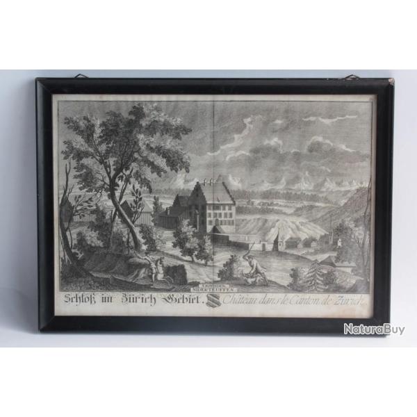 Gravure HERRLIBERGER Ch�teau Zurich Suisse XVIIIe si�cle