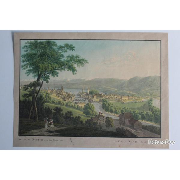 Gravure Franz HEGI La ville de Zurich Suisse XIXe sicle