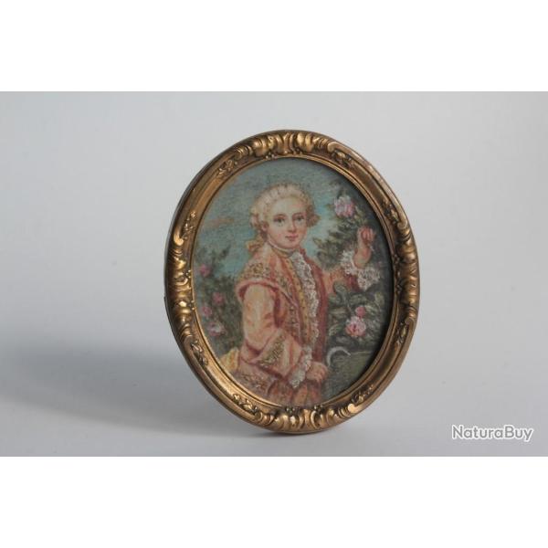 Peinture miniature Gentilhomme cueillant des roses XIXe si�cle